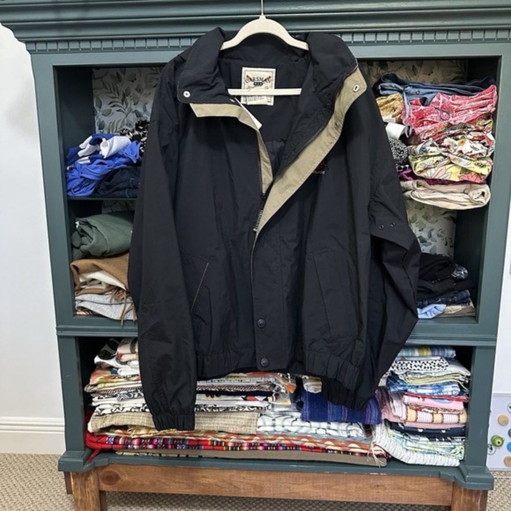 Vintage Oarsman 913 Jacket Mens XL Black Windbreaker Hooded Johnny Bench Pockets